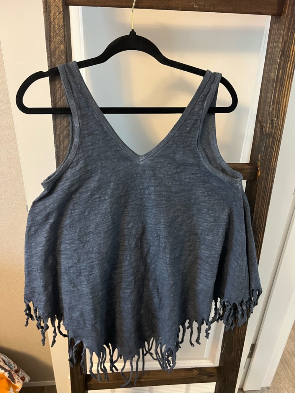 Umgee Steel Blue V-Neck Fringe Hem Tank Top